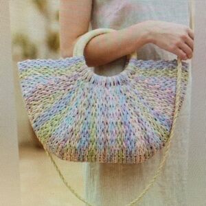 Multi Tone Straw Half Moon Round Handle Tote Bag
